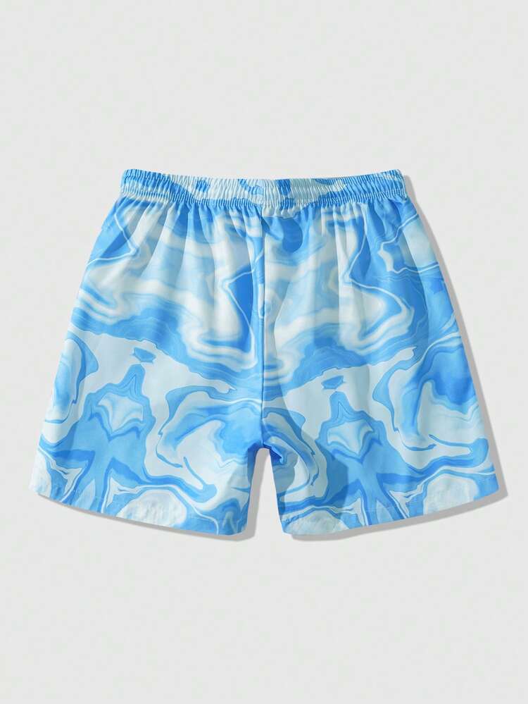 ROMWE MEN Street Life Pantalones cortos casuales sueltos con estampado de mármol y cordón en la cintura para hombres - Azul - Añade 2