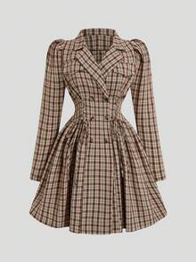 Sweetra Jachetă în carouri cu mâneci bufante, talie dublă, cu guler și rever, în carouri - Multicolor - Vizualizare 1