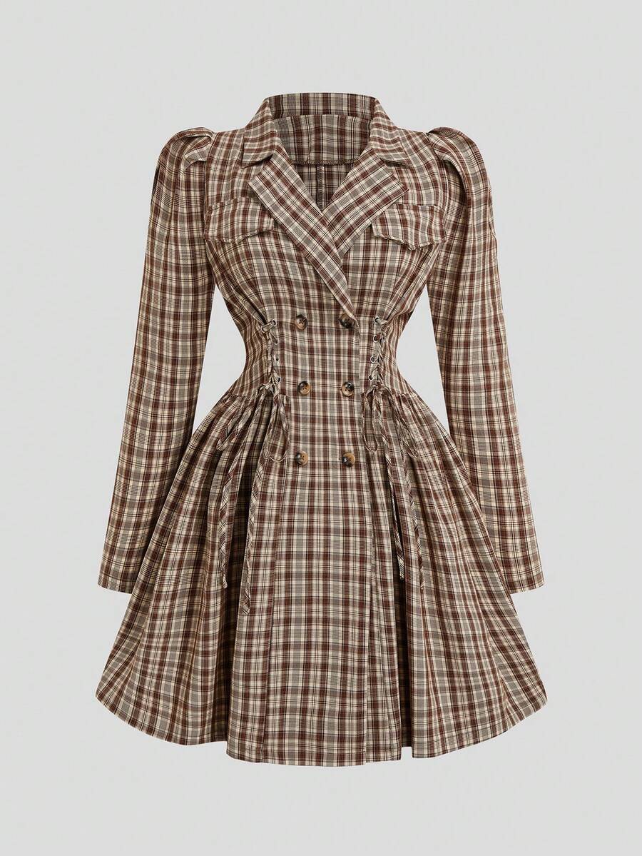 Sweetra Jachetă în carouri cu mâneci bufante, talie dublă, cu guler și rever, în carouri - Multicolor - Vizualizare 1