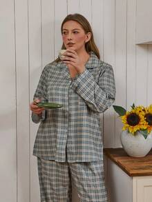 Doze Lane Plus Size Women Bubble Textured Shirt Style Cardigan Pajama Set - Multicolor - View 4