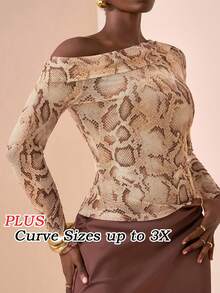 Veslaya 春夏新款优雅音乐节、复活节、母亲节、婚礼、生日派对、休闲外出、约会、聚会、派对、性感、百搭、基础款休闲爆款优雅通勤商务休闲露肩不对称露肩透视网纱蛇纹印花大码女式衬衫 - 棕色 - 查看 4