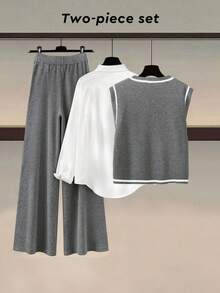 SHEIN Franclia 新款灰色针织背心和阔腿裤套装，简约艺术风格，柔软针织面料，宽松版型，休闲通勤装，轻松搭配，显瘦效果，精致配色，韩版风格，适合工作、约会、日常穿着。 - 灰色 - 查看 2