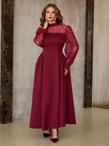 Roveilla Đầm Maxi Tay Dài Cổ Tròn Phối Ren Cỡ Lớn Mùa Xuân, Thu & Đông Phong Cách Pháp Lãng Mạn Sicily Thanh Lịch Thường Ngày Đi Làm Kỳ Nghỉ Trà Chiều Giáng Sinh Sang Trọng Tiệc Tùng Màu Trơn Ren Chắp Vá Cổ Tròn Cổ Đứng Khoét Rỗng Eo Xòe Viền Tay Dài - Đỏ - Xem 6