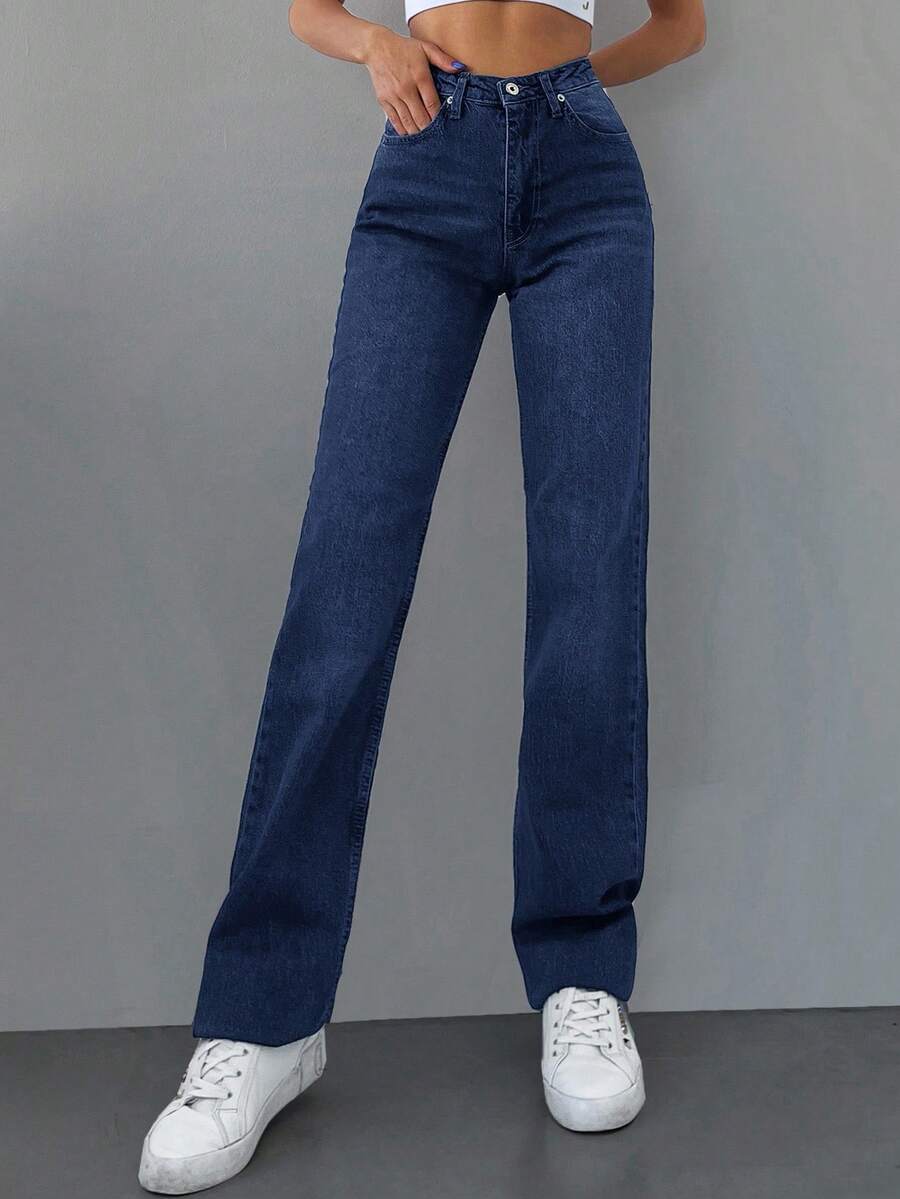 RueChic Zipper Fly Straight Leg Jeans With Slanted Pockets - Navy Blue - View 1