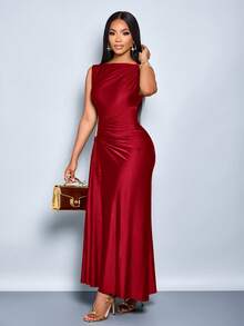 SOLERSUN 女士优雅纯色金属装饰修身秋冬连衣裙，适合日常通勤、购物、派对、聚会 - 酒紅色 - 查看 6