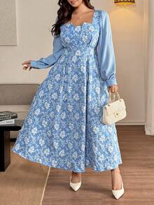 Vionelle 女士加大码法式提花拼接长袖连衣裙，春秋季 - 藍色 - 查看 3