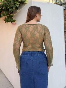 Nezia Cruz Plus Size Lace Flare Sleeve Front Tie Sexy Square Neck Blouse Green Lace Top,Fall Clothes For Women - Army Green - View 2