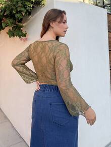 Nezia Cruz Plus Size Lace Flare Sleeve Front Tie Sexy Square Neck Blouse Green Lace Top,Fall Clothes For Women - Army Green - View 4