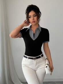 Elenzga Áo thun công sở 2 trong 1 phong cách cổ điển trang nhã dành cho nữ, phù hợp mặc nơi công sở, mùa tựu trường - màu đen - Xem 4