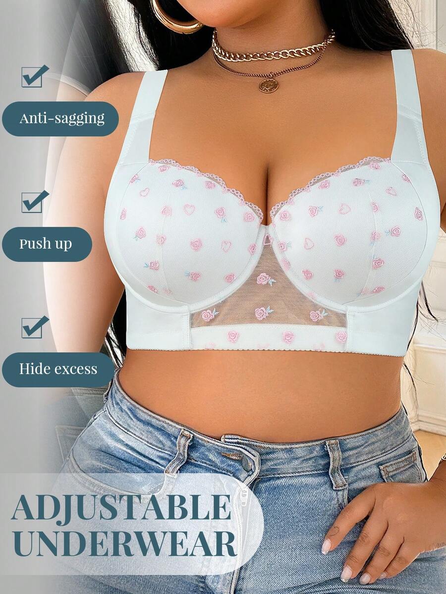 SHEIN 1 Peça Sutiã Plus Size com Argolas de Aço, Bordado Patchwork, Alça Larga Confortável - Branco - Visão 1