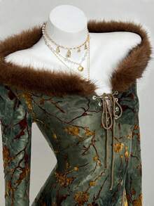 Elamini 女士优雅长袖连衣裙，适合派对、休闲穿着，植绒面料，带毛领，秋冬 - 彩色 - 查看 3