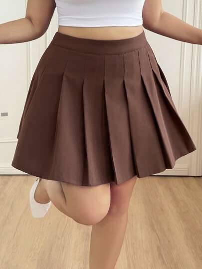 CovetEZ Minifalda plisada marrón de talla grande, estilo universitario