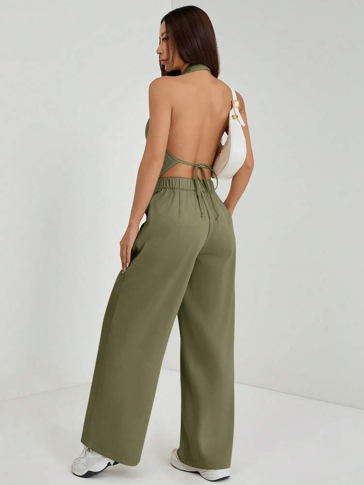 SHEIN PETITE Conjunto de Verão/Escritório Feminino com Top Decote em V Sem Mangas com Costas Abertas e Calça Perna Larga, Conjunto Emagrecedor e Alongador para Streetwear Alto em Verde - Verde Militar - Visão 2