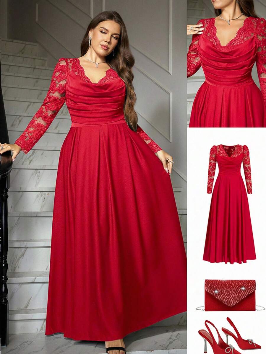 Ellevyn 大码纯色垂褶领长袖收腰优雅连衣裙 - 紅色 - 查看 1