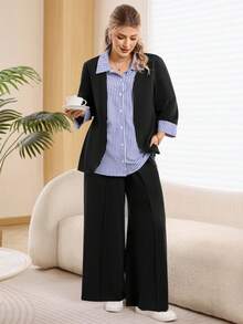 EMERY ROSE Plus Size Color Block Patchwork Front Button Casual Striped 2 Pieces Set Winter Outfit For Women Christmas Outfit For Women New Year Clothes Professional Clothes Women Sets Work Suits For Women Lounge Sets Woman Comfortable Two Piece Set Pant Suit Set Plus Valentine's Day, Mother Clothing, Comfortable And Casual Two Piece Suits Spring Break Outfits - Navy Blue - View 4