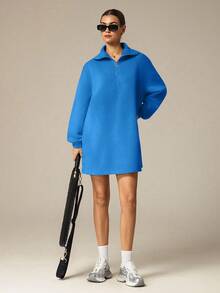 Hanevo Autumn/Winter New Casual Street Minimalist Commute Lazy Back To School High Collar Zipper Half-Open Hem Pullover Long Sleeve H-Shaped Loose Sweatshirt & Women Shorts Dress Set