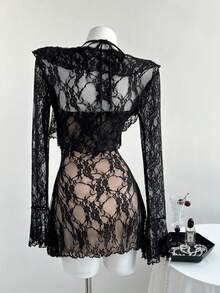 Elamini 2pcs/Set Elegant Lace Black Long Sleeve Top With Ruffle Trim & Contrast Lace Inset Slip Dress, Casual Daily Versatile Fashion Outfit, Autumn/Winter - Multicolor - View 2