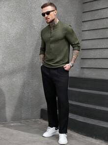 Manfinity CasualCool 男士白色竹编结亚麻质感圆领半开襟长袖套头衫，秋季款……男士休闲上衣 男士休闲长袖衬衫 男士亨利衫长袖衬衫 男士时尚上衣 - 軍綠色 - 查看 5