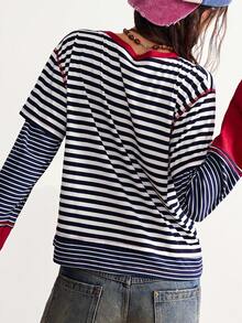 Bohemela Boho Christmas Party New Year Casual Striped Patchwork Round Neck Long Sleeve Loose Women T-Shirt, Winter - Multicolor - View 7