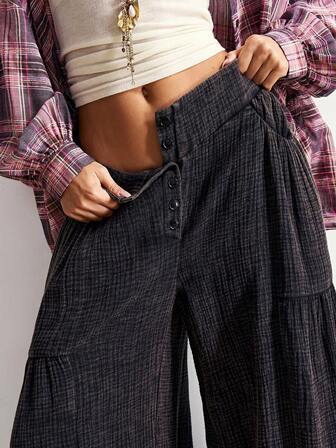 Bohemela Pantalones anchos de mujer de unicolor, lavados y sueltos, de estilo bohemio para otoño/invierno, de color negro sólido, de punto, sueltos, de estilo bohemio, con detalle de corte de mariposa, estilo occidental y campestre, adecuados para vacaciones, uso diario, vuelta al colegio y salidas, Halloween