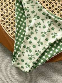 Swim Mod New Women's Summer 2-Piece Random Floral & Plaid Print Triangle Halter Bikini Top And Bottom Set, Beach Vacation Swimwear - Multicolor - View 3