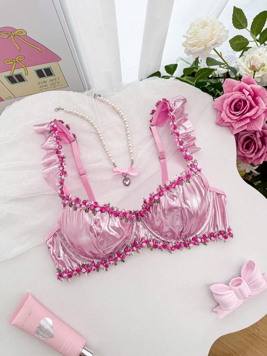 Water-Soluble Lace Trim Sweet Women's Bra, Ruffled Strap Sexy Lingerie Valentine's Day Bra With Ruffles Flower Bra Lingerie Set Pink Cute Bra Set Ruffle Lingerie Home - Pink - View 1