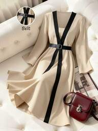 Franclia Modna, swobodna, uniwersalna, dopasowana sukienka midi w kształcie litery A w kolorze khaki i czarnym, z elegancką, rozkloszowaną spódnicą i rękawami dla kobiet