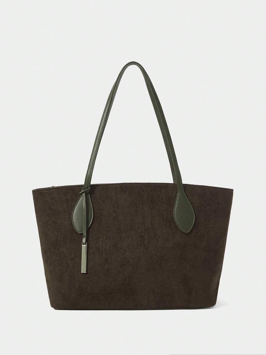 SHECARRY 女士顶级PU皮革秋冬学校旅行通勤工作优雅手提包大容量手柄包 - 軍綠色 - 查看 1