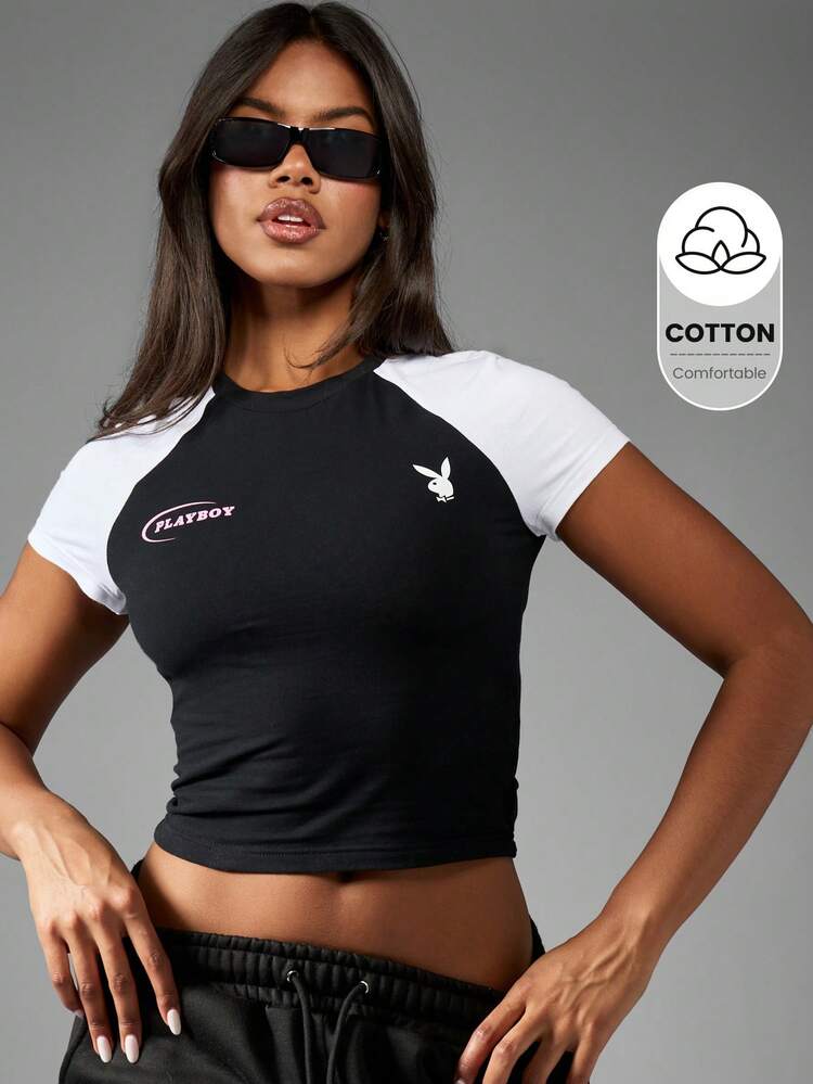 Missguided x Playboy Baby Tee Crop Top Raglan Style Y2K Fashion Bunny Logo Short Sleeve Athletic Fitted Streetwear Summer Festival Essential Tshirt Car Racing