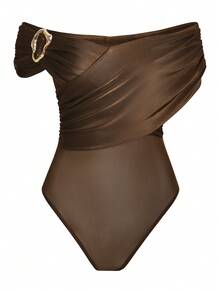 SOLERSUN Tuta elegante e sexy da donna con accessori in metallo in vita, adatta per l'ufficio e il tempo libero, manica lunga, colore marrone, ideale per feste e occasioni speciali - Castano - Visualizzare 1