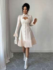 Elenzga Váy xếp ly hở vai, tay chuông, cài nút đơn thời trang dành cho nữ - Màu be - Xem 6