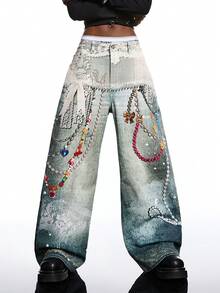 LYSMO 2026 New Arrive Minimalism Spring/Summer Women's Chain Fun Patterns Pocket Wide Leg Loose Casual Jeans/ Summer Clothes / Spring Break Outfits / Valentine Outfits For Women /Valentine's Day / Valentine Clothes /Holiday Outfits For Women / Graphic Jeans /Birthday Outfits For Women / Y2k Jeans /Y2k Clothes / Y2k Women/2000s Style - Blue - View 8