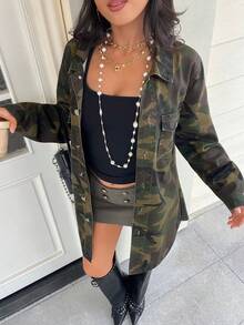 SHEIN PETITE Women's Fashionable Retro Camouflage Print Denim Coat - Army Green - View 2