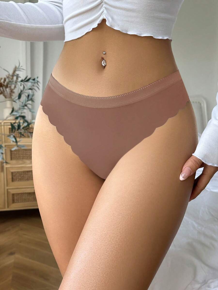 Calcinhas fio dental femininas minimalistas, de cor sólida e com acabamento em concha, confortáveis. - Castanho Café - Ver 1