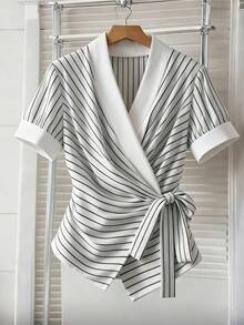 GlowEve CURVE Fashionable Casual French Retro Elegant Commuting Striped Bow Tie Blouse - White - View 1