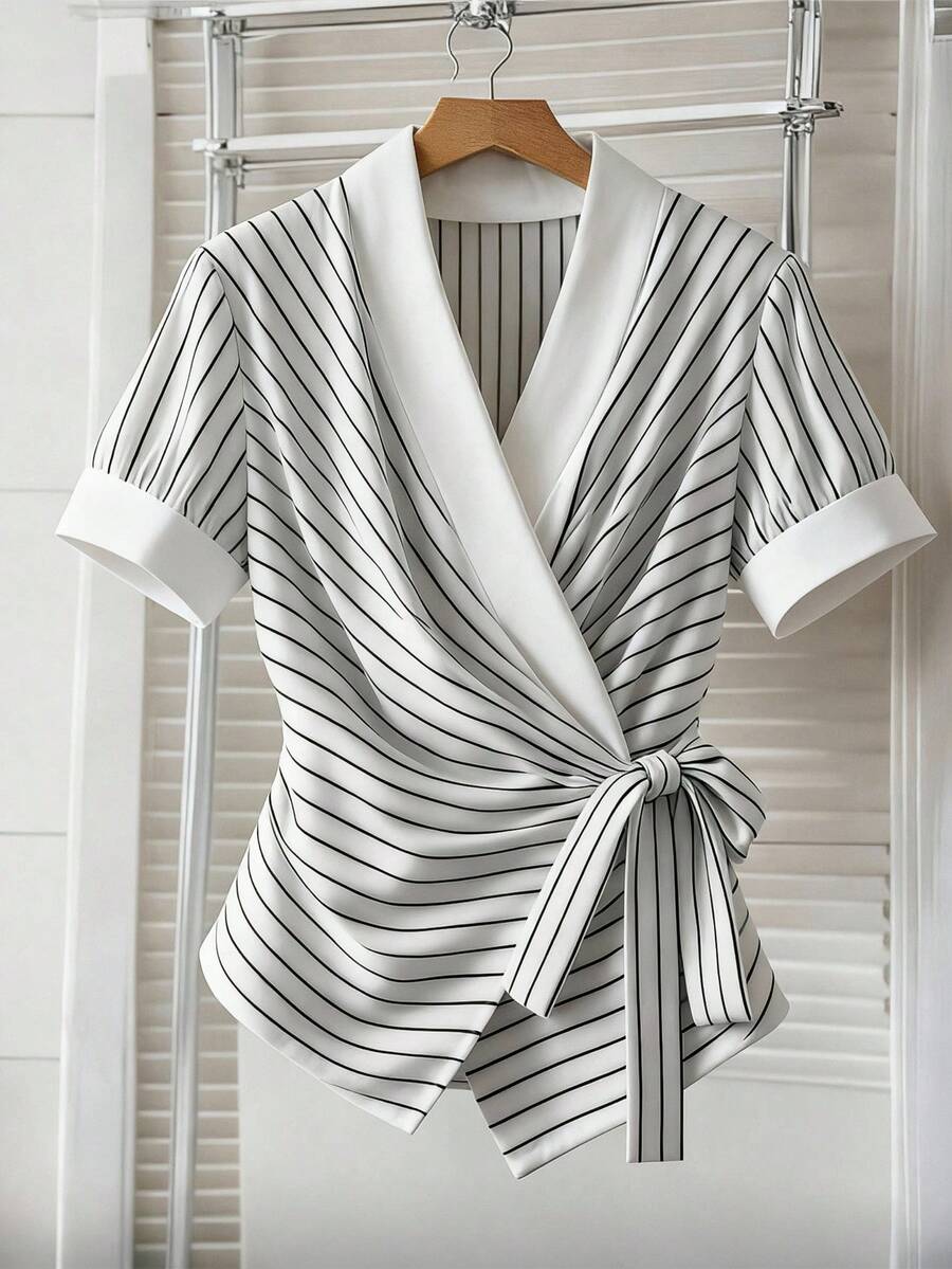 GlowEve CURVE Fashionable Casual French Retro Elegant Commuting Striped Bow Tie Blouse - White - View 1