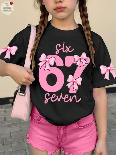 SHEIN Young Girl's Casual Minimalist Personalzed #67 Bow Graphic Black Round Neck Short Sleeve T-Shirt, Suitable For Summer, Graphic Print, Pink Top, Tops, Fall New Style, Blossom Vogue, #AffordableFashion, Kids Fall Fashion, Kids' Cozy, Kids' Daily Fashion, Summer Outfits, Weekend Outfits, Back To School Fashion, K-Pop, Y2K Girls Casual Printed Crew Neck Short Sleeve T Shirt Bows 6t Girl Shirts