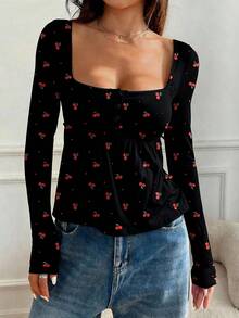 SHEIN EZwear 女士印花纽扣长袖休闲衬衫 - 黑色 - 查看 5