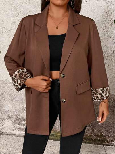 EMERY ROSE Plus Size Women's Leopard Print Long Sleeve Front Button Lapel Collar Fashion Versatile Blazer Jacket