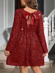 SHEIN Clasi Plus Size Women Elegant Party Dress With Sequin Decor And Twist Back Design - Red - View 8