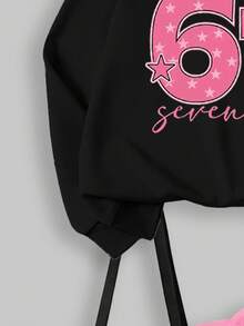 Sparklyn Tween Girl Pink Numeral Print Crew Neck Long Sleeve Sweatshirt And Flare Leg Pants Set - Black - View 3