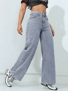 SHEIN ICON 休闲日常水洗斜插口袋直筒牛仔裤 - 淺灰色 - 查看 6