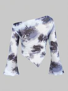 SHEIN Tween Girls Asymmetric Shoulder Design Knit Printed Casual Fashionable Matching Family Tops - Blue - View 8