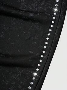 ROMWE MEN Street Life 休闲宽松水钻装饰抽绳男士运动裤 - 黑色 - 查看 4