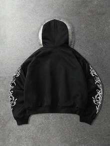 ROMWE MEN Men's Eye Pattern Hooded Casual Pullover Sweatshirt, Versatile For Commuting, Autumn/Winter - Black - View 2