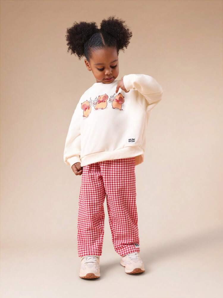 Character Print Sweatshirt With Gingham Check Pants Set