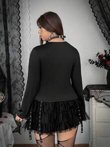 Whyspr 女士纯黑色V领系带修身长袖T恤，黑色上衣，哥特风，街头风，Y2K风格，春秋/秋冬 - 黑色 - 查看 2