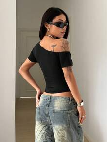 StreetHx 街头风女式镂空装饰修身短袖T恤 - 黑色 - 查看 3