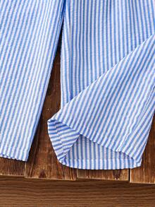 Young Girl Casual Spring/Summer Plain Woven Sleeveless Top And Pants Set, Young Girl Casual Striped Square Neck Sleeveless Top Shirt And Straight Leg Pants Set, Fashion Streetwear Commuting Outfit - Blue - View 4