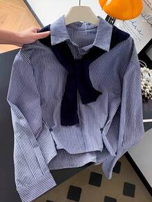 Franclia 通勤简约衬衫领长袖条纹腰部宽松休闲女式衬衫 蓝色条纹衬衫系带衬衫商务休闲女式衬衫领结衬衫蝴蝶结衬衫商务休闲女式衬衫航海风女式学院风女式法式水手风女式衬衫